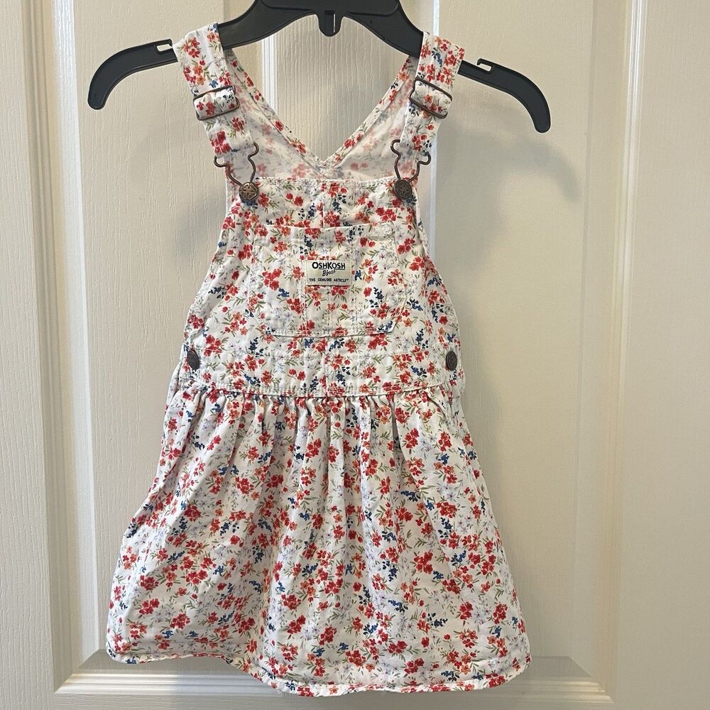 Oshkosh B'gosh Red White Blue Floral Overall Dress Cotton Girls Size 3T